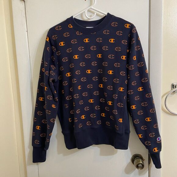 Champion Other - Men's Champion Reverse Weave All Over Print Navy Blue Orange Small Sweatshirt
